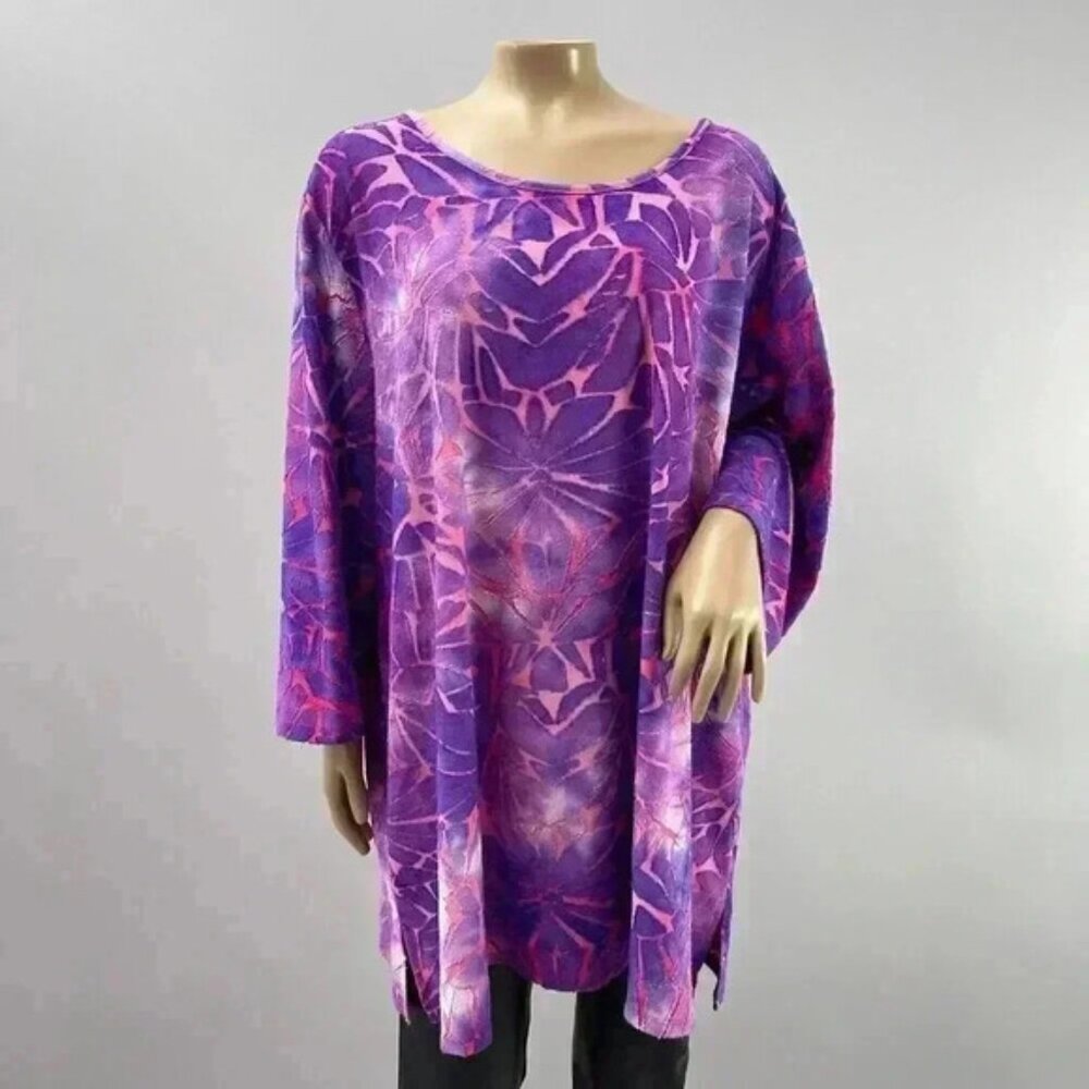 Catherines Tunic Shirt 2X Purple Pink Tie Dye Floral Retro Long Sleeve Boho Top